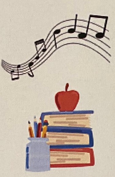 Music notes with books and an apple